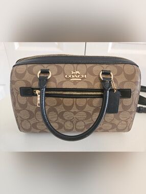 Coach Brown Signature Canvas Satchel with Black Trim MEDIUM ROWAN